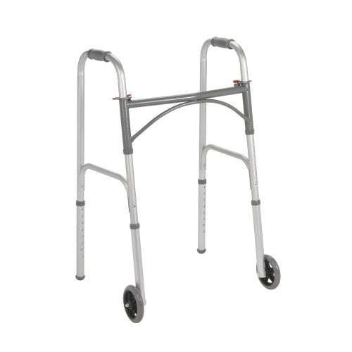 Drive Medical two-button folding steel walker with 5-inch wheels, portable walking aid with adjustable height and sturdy frame.