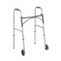 Drive Medical two-button folding steel walker with 5-inch wheels, portable walking aid with adjustable height and sturdy frame.