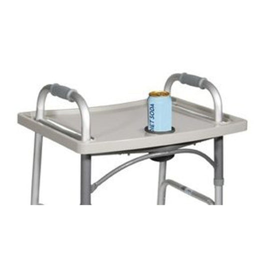 Universal walker tray for Drive Medical walkers, made by Pasteur Pharmacy, shown attached to a mobility walker in this image.