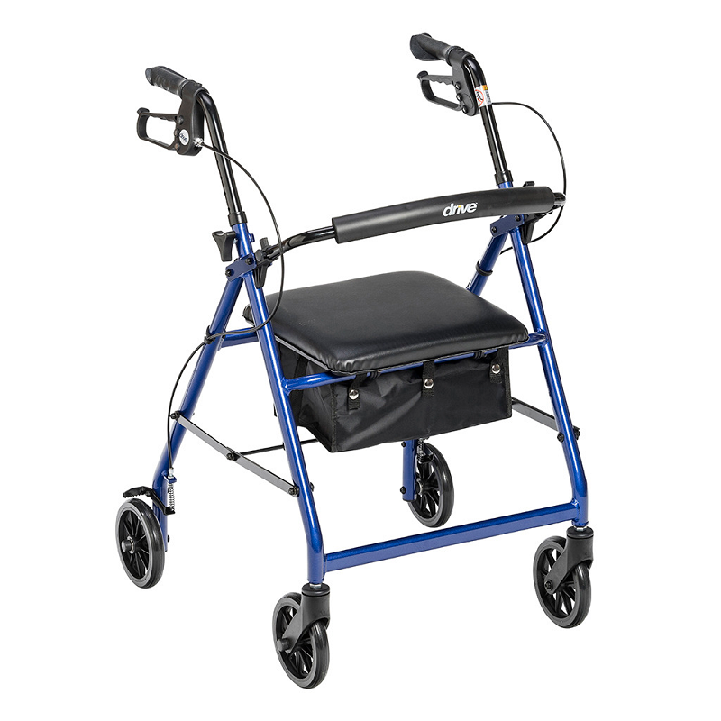 Blue Drive Medical walker rollator with 6-inch wheels, fold-up back support, and padded seat.