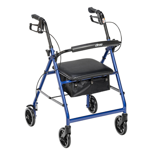Blue Drive Medical walker rollator with 6-inch wheels, fold-up back support, and padded seat.