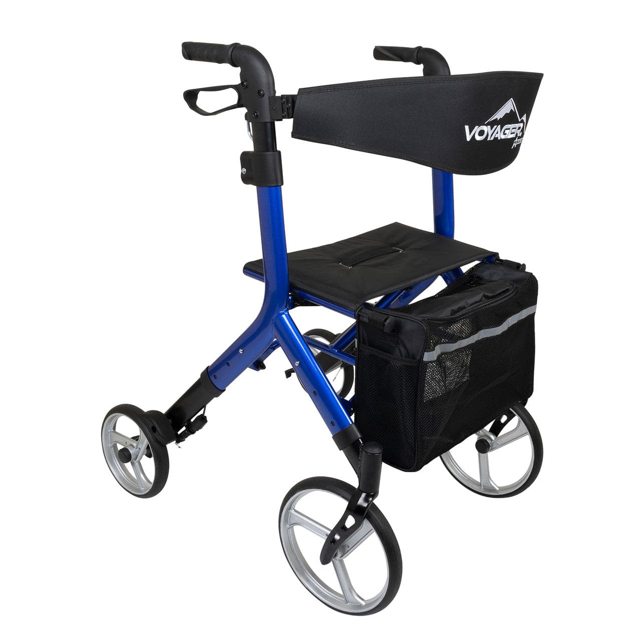 Cobalt blue Euro-style Rollator Walker with four wheels, hand brakes, and a seat for stability and mobility support.
