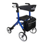 Cobalt blue Euro-style Rollator Walker with four wheels, hand brakes, and a seat for stability and mobility support.