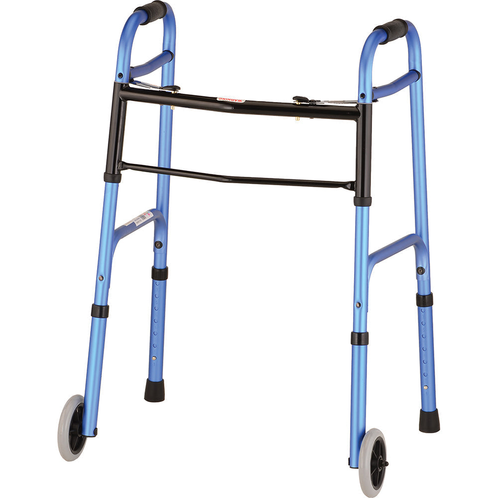 Nova Blue Folding Walker with 5-inch wheels by Pasteur Pharmacy, lightweight and portable mobility aid for easy walking support.