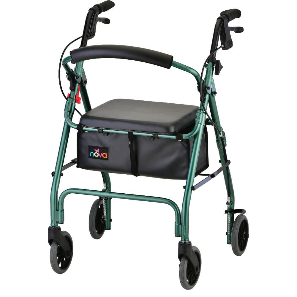 Green Nova GetGo Classic rolling walker with adjustable handles and sturdy frame, designed for mobility assistance.