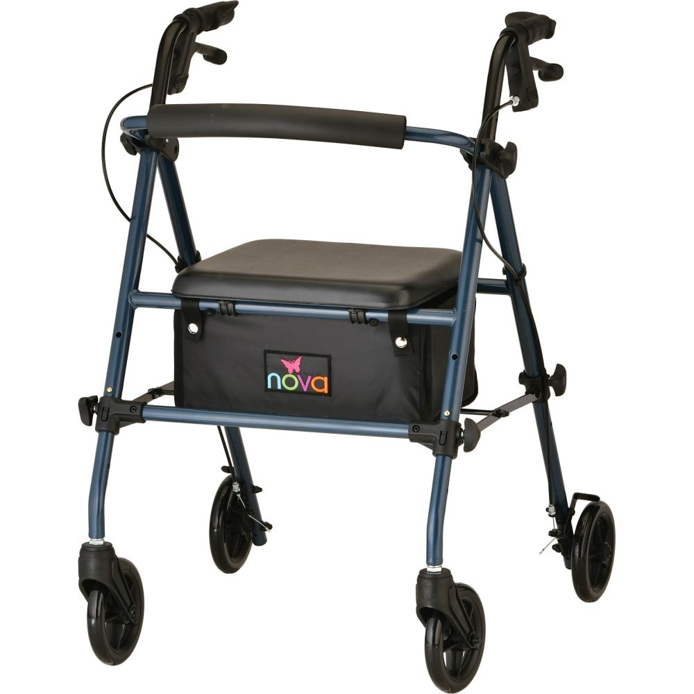 Blue NOVA Journey rolling walker with seat and storage pouch, featuring sturdy frame and ergonomic handles for easy mobility.