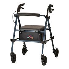 Blue NOVA Journey Steel Rollator walker with four wheels and ergonomic handles for added stability and mobility.