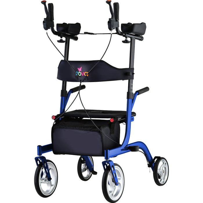Blue Nova Joy Rollator Phoenix Rise Up Walker with adjustable handles and sturdy frame, designed for mobility assistance.