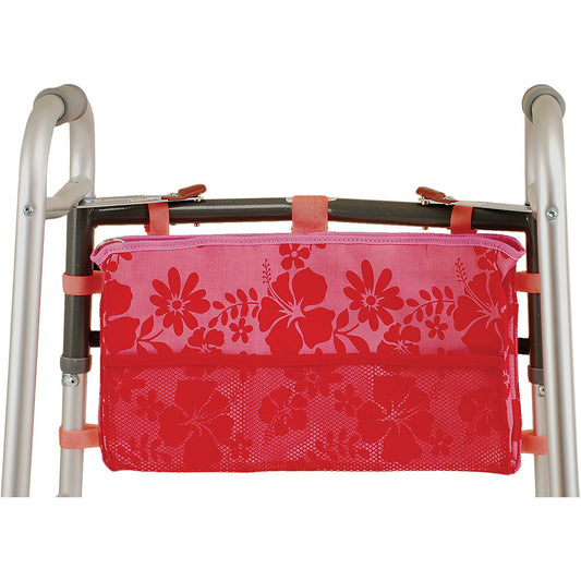 Aloha Pink Nova Ortho-Med bag attached to a folding walker, designed by Pasteur Pharmacy for convenient walker storage.
