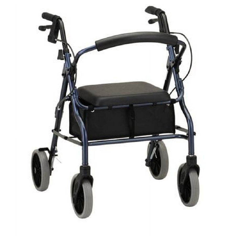 Blue Nova Rollator Zoom 20 walker with sturdy frame and padded seat, designed for mobility support.