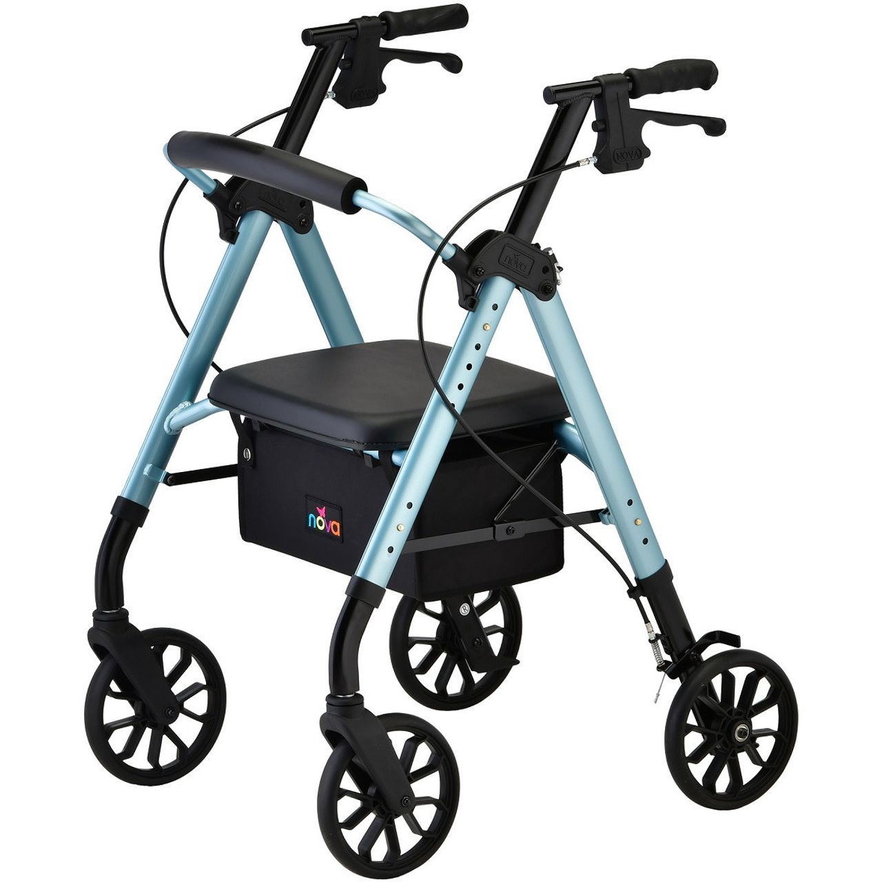 Blue NOVA Star 8 Deluxe Wide Rollator Walker with four wheels and comfortable hand grips, designed for mobility support.