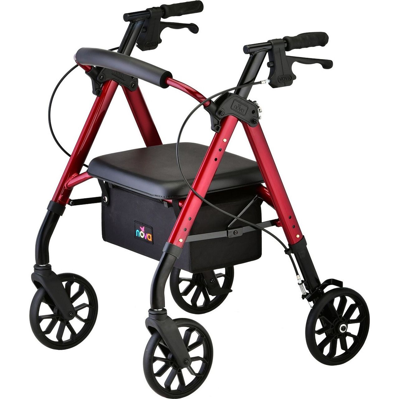 Red NOVA Star 8 Petite Rollator Walker with 8-inch wheels, lightweight frame, designed for mobility support.