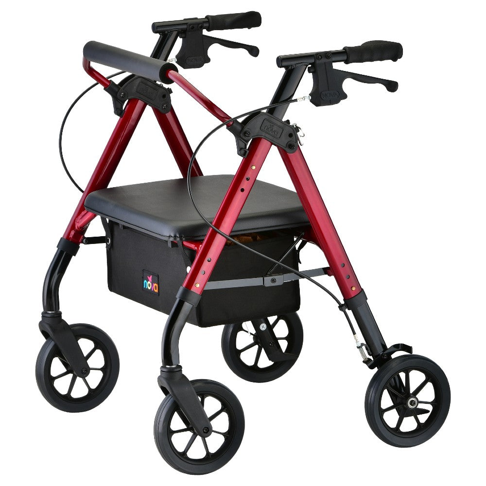 Red NOVA Star HD Petite Rollator Walker by Pasteur Pharmacy, compact mobility aid with four wheels and comfortable handles.