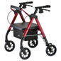 Red NOVA Star HD Petite Rollator Walker by Pasteur Pharmacy, compact mobility aid with four wheels and comfortable handles.