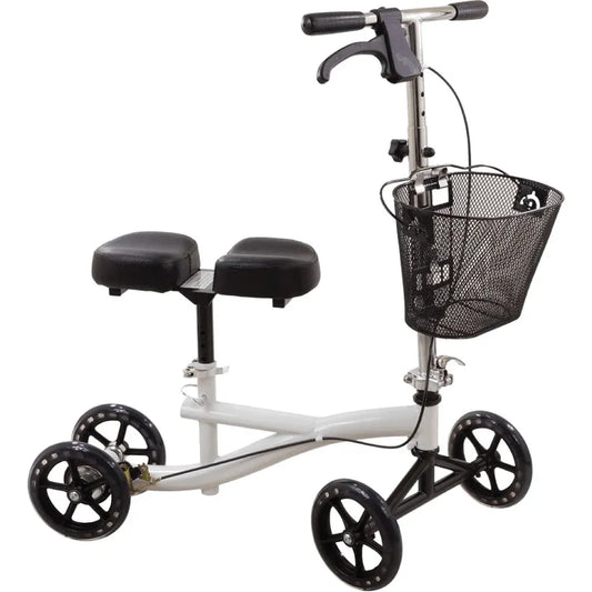 White ROSCOE KSW Knee Scooter Walker designed by Pasteur Pharmacy, with a sturdy frame and comfortable knee pad for mobility assistance.