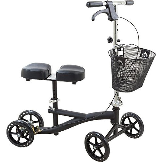 Black Roscoe Medical knee walker scooter with padded seat and basket, designed for mobility and support.