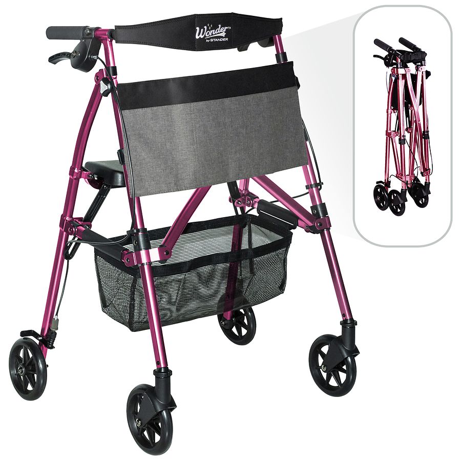 Stander EZ Fold-N-Go Rollator in Regal Rose with sturdy frame and adjustable handles, designed for easy mobility and support.