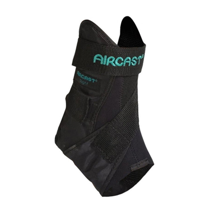 Black Aircast Airsport ankle support brace for left ankle, large size, designed for ankle stabilization and support.