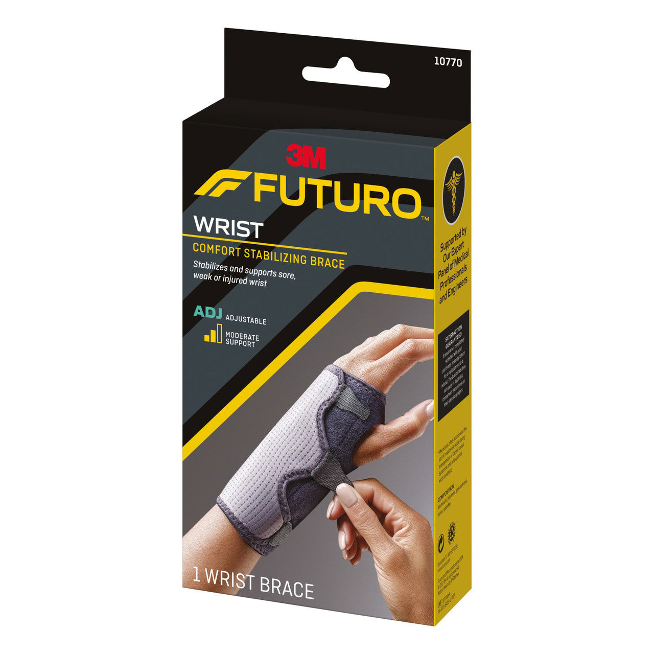 Futuro adjustable reversible wrist splint brace providing moderate stabilization and support for wrist injuries.