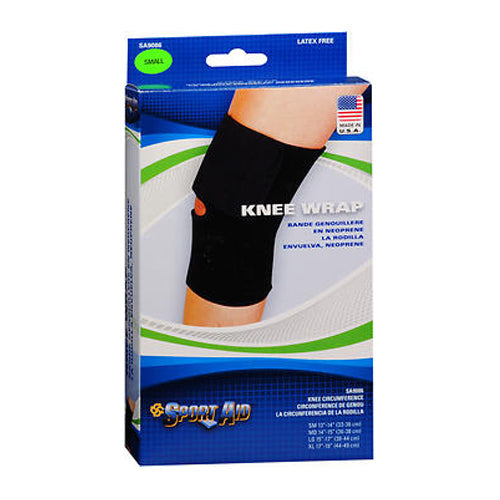 Black small neoprene knee wrap from Pasteur Pharmacy, designed for support and compression during sports activities.