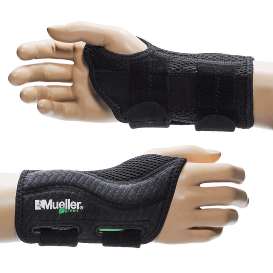 Mueller Green Fitted Wrist Brace for right hand in black, large/extra large, designed for wrist support and stabilization.