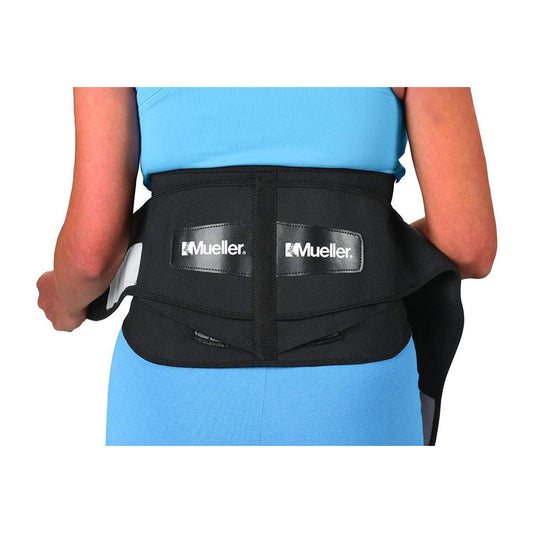 Mueller Sport Care adjustable lumbar back brace, one size, designed to support lower back and provide stability.