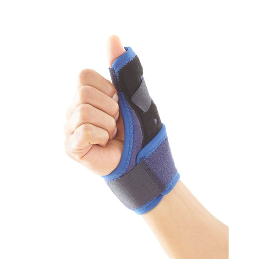 Neo G Easy-Fit Thumb Brace, universal size, shown on hand, providing support and stabilization for thumb injuries.