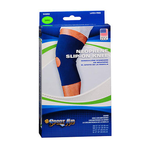 Sport Aid Neoprene Knee Brace with open patella, small size, providing support and compression for knee injuries.