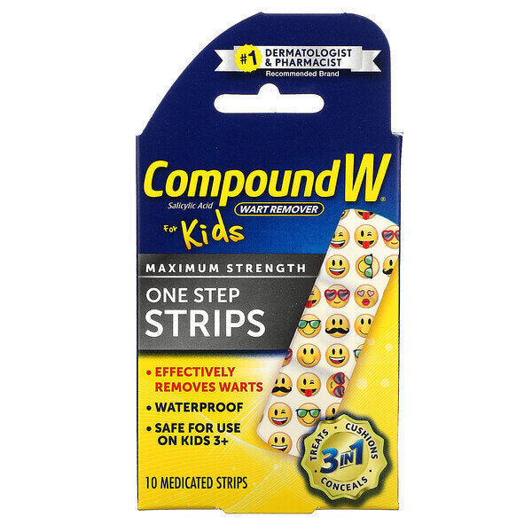 Compound W One Step Wart Remover from Pasteur Pharmacy with 10 medicated adhesive patches and 40% salicylic acid for wart treatment.