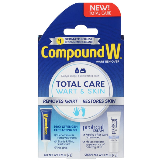 Compound W Total Care wart remover gel and Proheal cream for fast-acting wart removal, shown in a pharmacy setting.