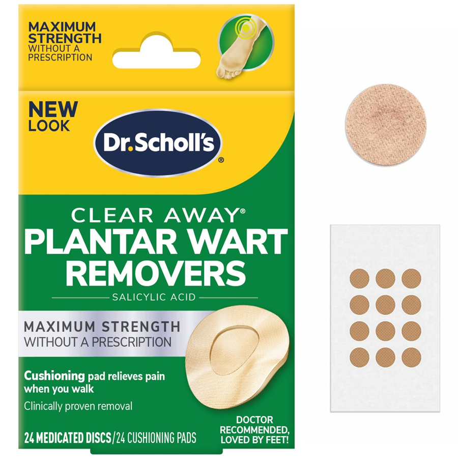 Dr. Scholl's Clear Away Plantar Wart Removers maximum strength medicated discs by Pasteur Pharmacy, shown in the product image.