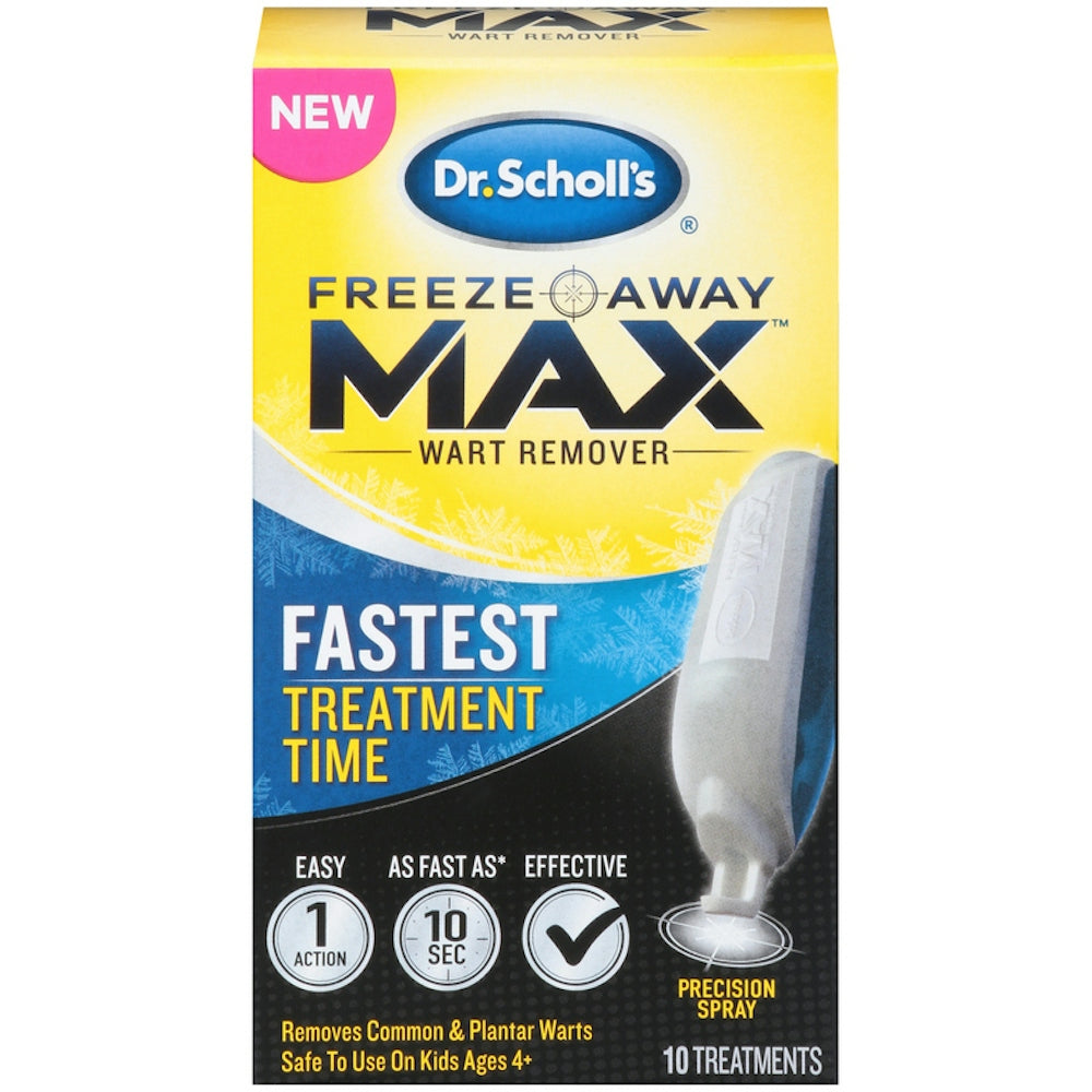 Dr. Scholl's Freeze Away Max Precision Spray Wart Remover bottle with spray nozzle and label, designed for removing warts.