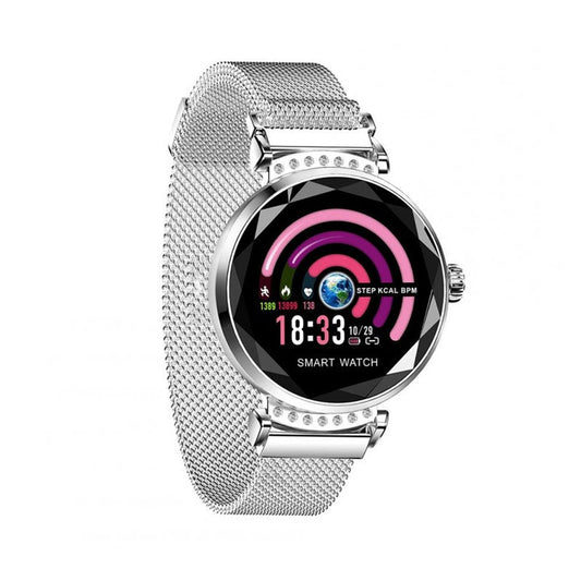 Silver smart watch bracelet with heart rate detection, waterproof IP67, magnetic strap, suitable for sports activities.