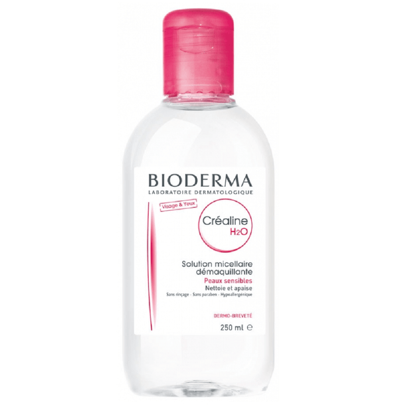 Bioderma Crealine H2O Micellar Water for sensitive skin in a 250ml bottle, gentle facial cleanser from Pasteur Pharmacy.