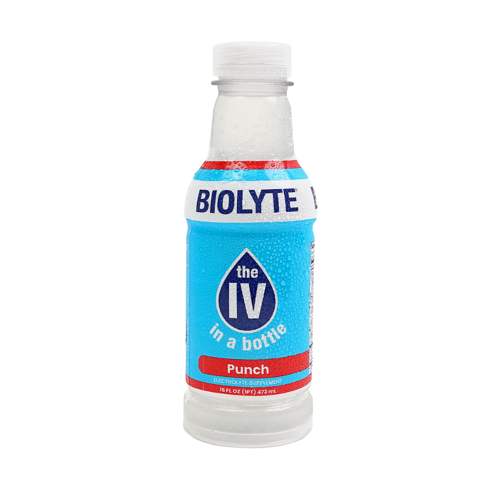 Biolyte Premium Fruit Punch electrolyte water supplement in 16 fl oz bottle, electrolyte-enhanced hydration drink from Pasteur Pharmacy
