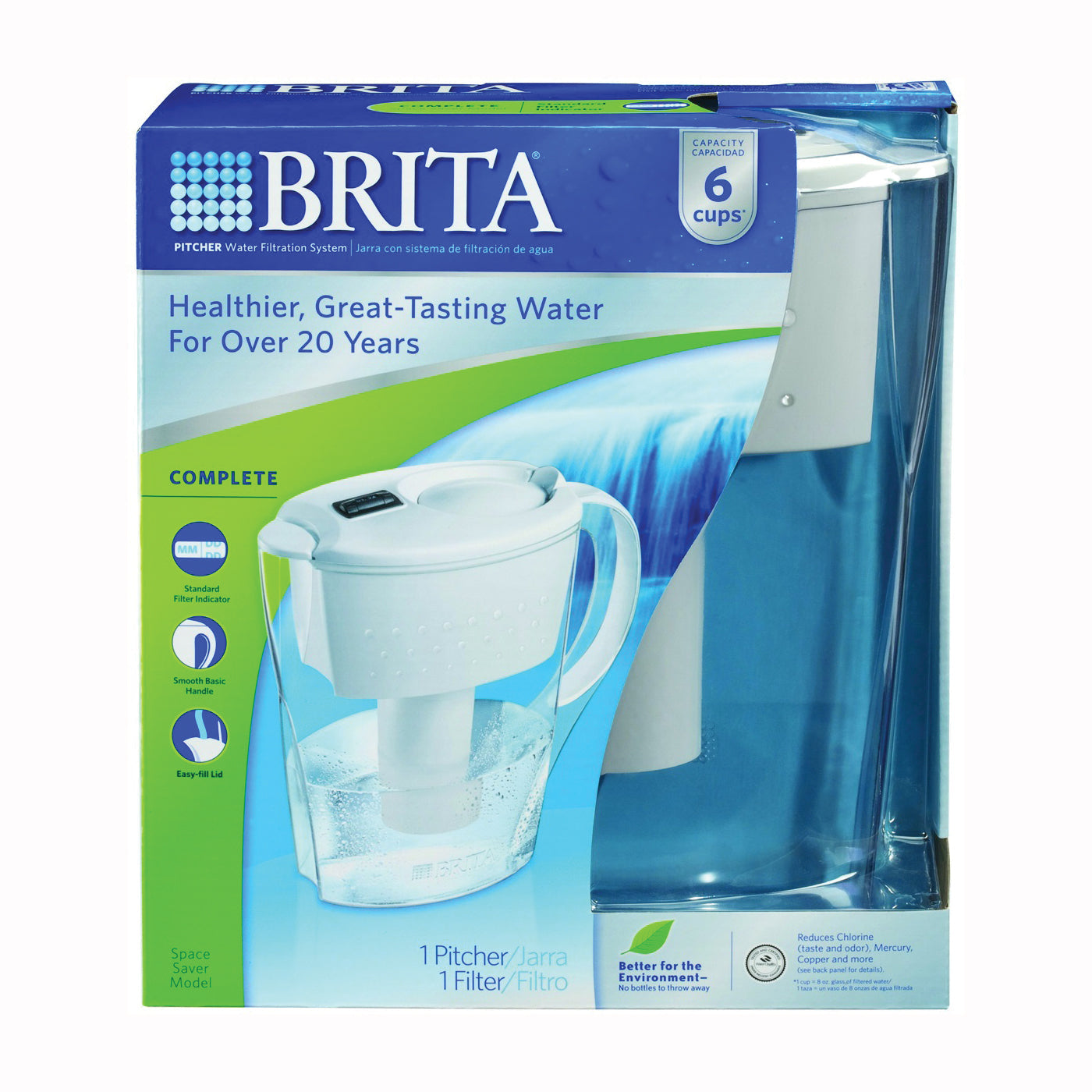 Brita Space Saver 6-Cup white water filter pitcher with built-in filter and ergonomic handle on a kitchen countertop