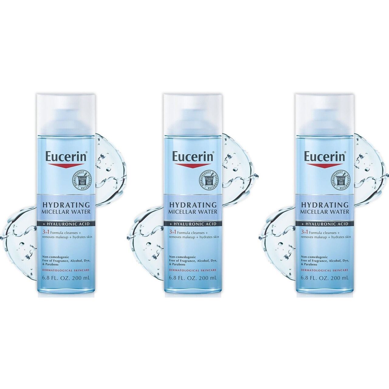 Eucerin Hydrating Micellar Water with Hyaluronic Acid in a 6.8 fl oz bottle, gentle skincare water for hydration and cleansing.