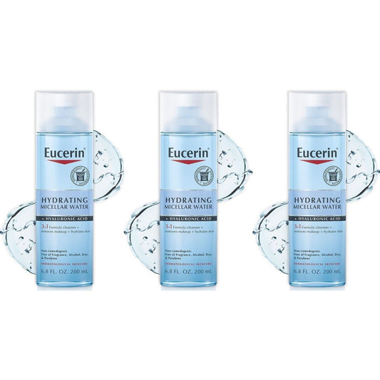 Eucerin Hydrating Micellar Water with Hyaluronic Acid in a 6.8 fl oz bottle, gentle skincare water for hydration and cleansing.