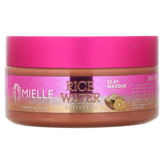 Mielle Rice Water Collection Clay Masque in a jar, part of the water-based skincare line, with a smooth, clay texture visible