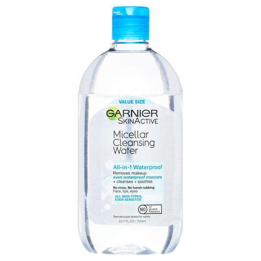 SkinActive All-In-1 Waterproof Micellar Cleansing Water in a 23 Fl Oz bottle, gentle makeup remover and facial cleanser from Pasteur Pharmacy.