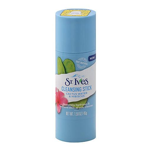St Ives Hydration Cactus Water & Hibiscus Cleansing Stick, 1.59oz, featuring a water-based formula in a clear container with a twist-off cap.