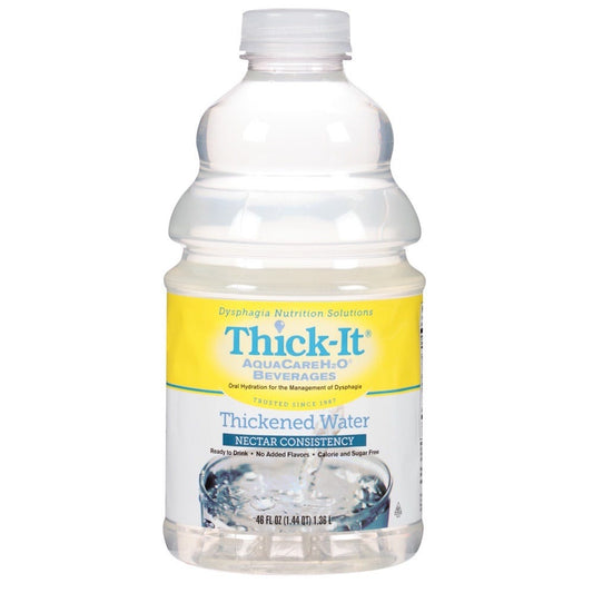 Bottle of Thick-It AquaCare H2O thickened water in nectar consistency, 46 oz, from Pasteur Pharmacy.