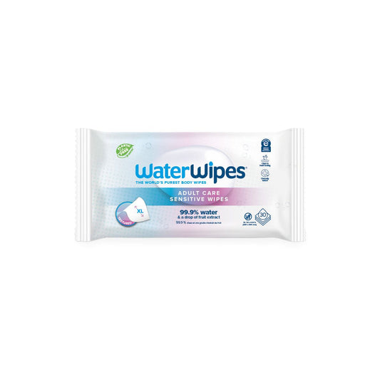 WaterWipes Adult Care water product by Pasteur Pharmacy, featuring a clear bottle of gentle, natural adult hygiene water.