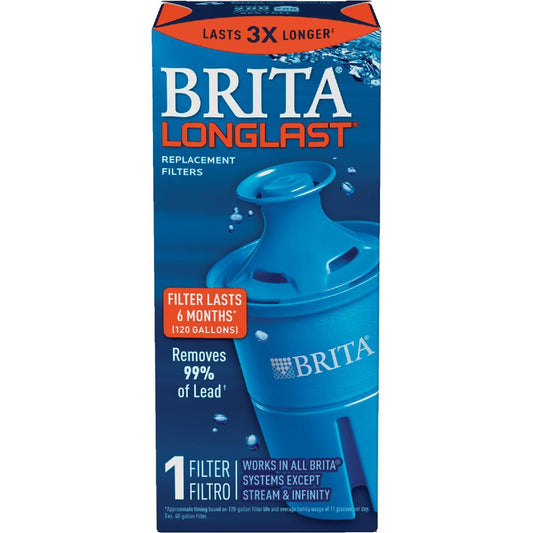 Brita Longlast pitcher water filter cartridge by Pasteur Pharmacy, 6-month replacement, filters tap water for clean drinking water.