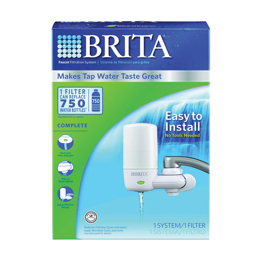 White Brita On Tap Faucet Water Filter System, installed on kitchen faucet, for clean and filtered drinking water.