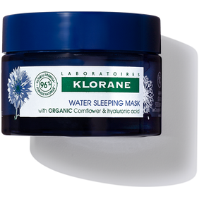 Klorane Water Sleeping Mask in 50ml jar, hydrating skincare product with blue and white packaging, designed for overnight use