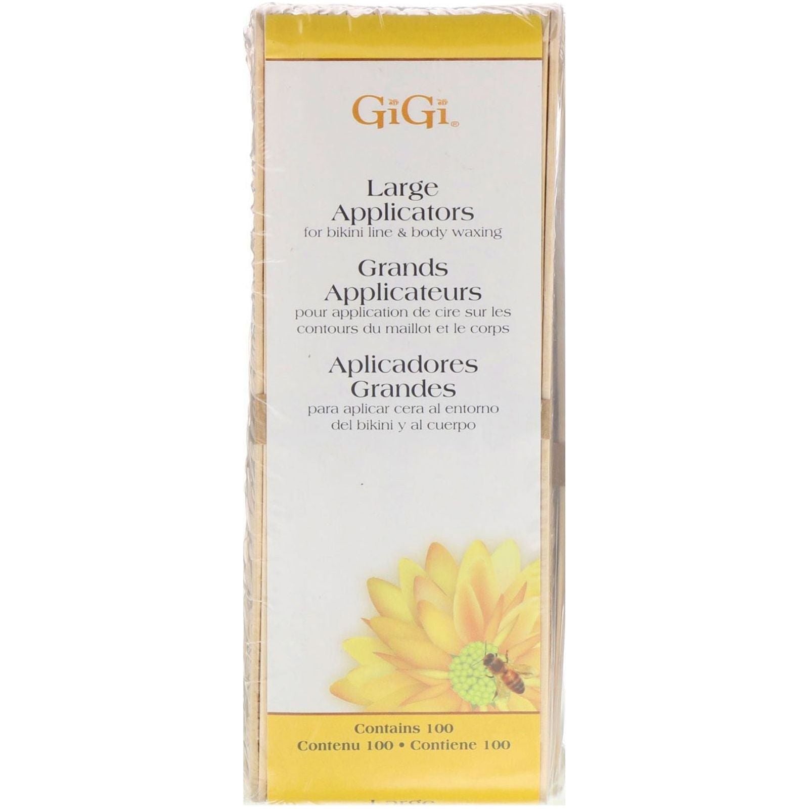 Large Gigi Honee Wax Applicators by Pasteur Pharmacy, set of 100, used for applying wax in hair removal treatments.
