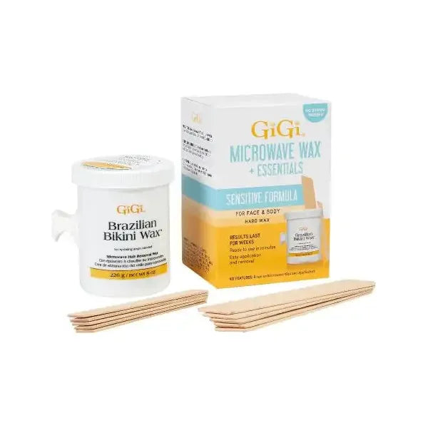 GiGi Brazilian Sensitive Microwave Wax Kit by Pasteur Pharmacy, 8 oz, includes wax and accessories for hair removal.
