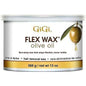 Gigi Olive Oil Flex Wax 13 oz, a waxing product by Pasteur Pharmacy with a clear jar of flexible olive oil-based wax.