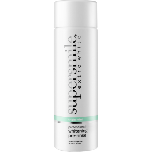 Supersmile Professional Extra Whitening Pre-Rinse in Triple Mint flavor, 16 oz, used for teeth whitening and freshening breath.